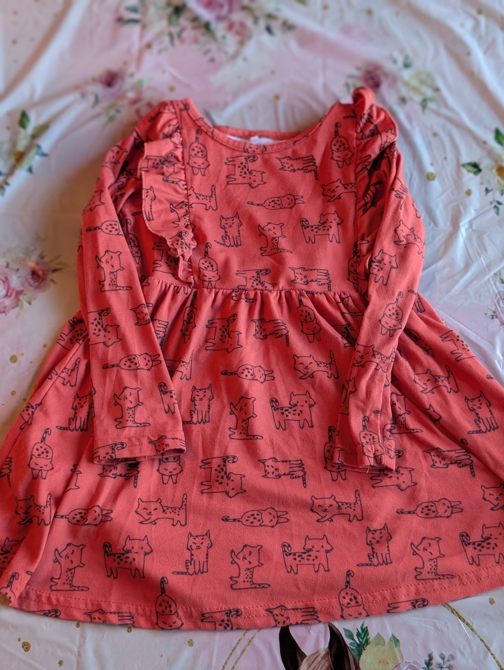 Girls Coral Cat Print Long Sleeve Dress/ 2T